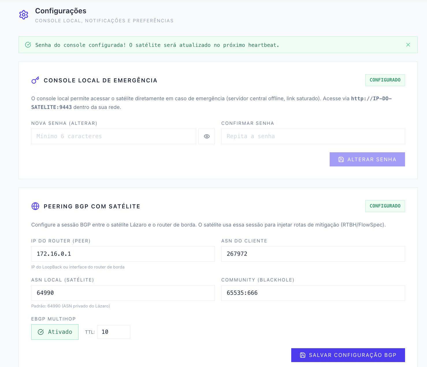 Configuração BGP do satélite Lázaro